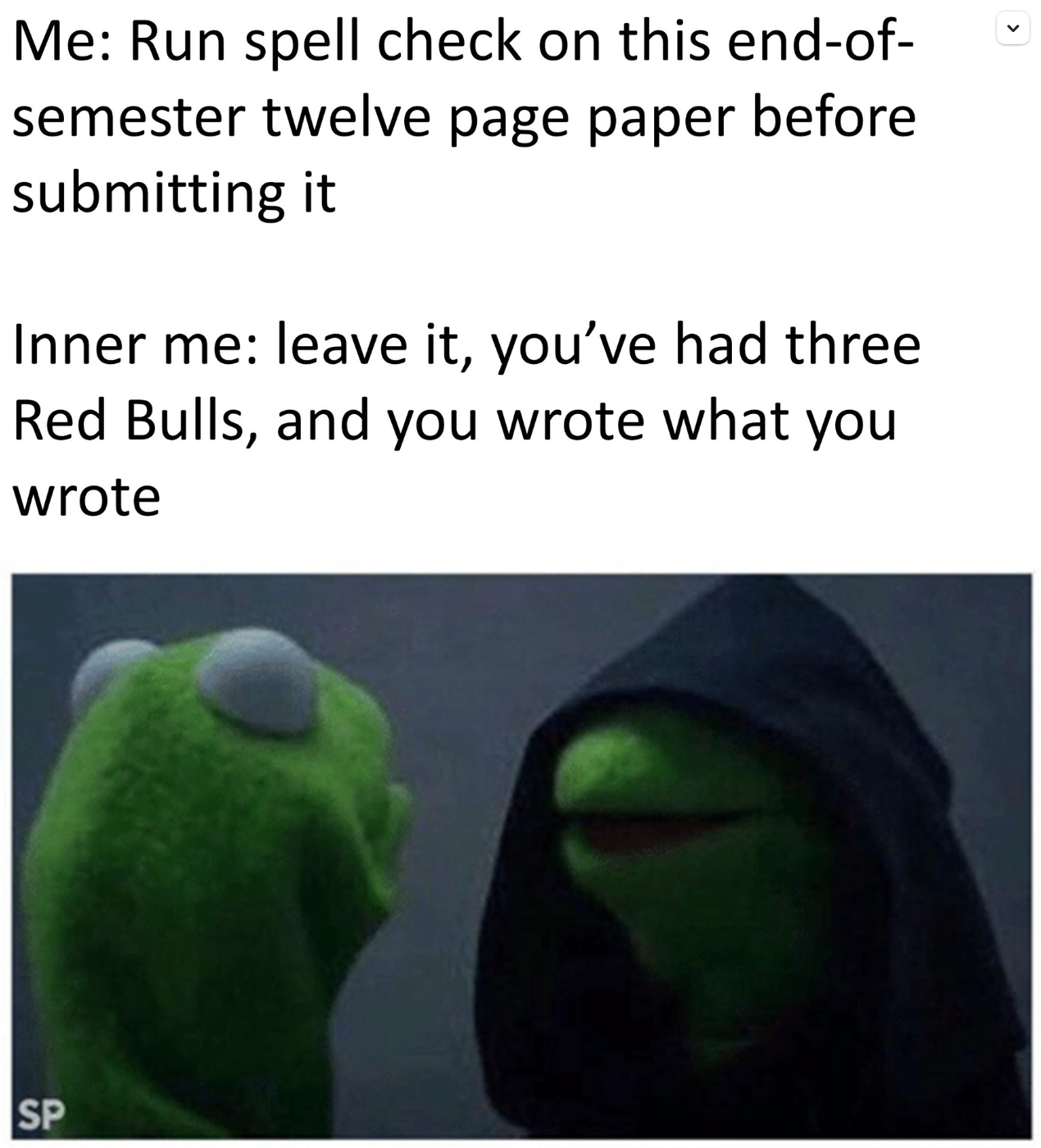 Photo of a hooded kermit the frog speaking to another kermit the frog, captioned, 'Me: Run spell check on this end-of-semester twelve page paper before submitting it. Inner me: leave it, you've had three Red Bulls, you wrote what you wrote.'