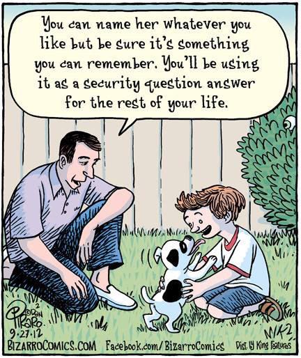 Cartoon of a father telling his son, who just got a puppy, ''You can name her whatever you like but be sure it's something you can remember. You'll be using it as a security question answer for the rest of your life.''