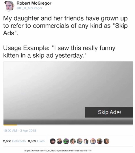 Tweet that says ''My daughter and her friends have grown up to refer to commercials of any kind as Skip Ads. For example, they say ‘I saw this really funny kitten in a Skip Ad yesterday.’'' Underneath the tweet is an image of a YouTube video with the words ''Skip Ad'' and a place to click to get rid of — to skip — the ad.